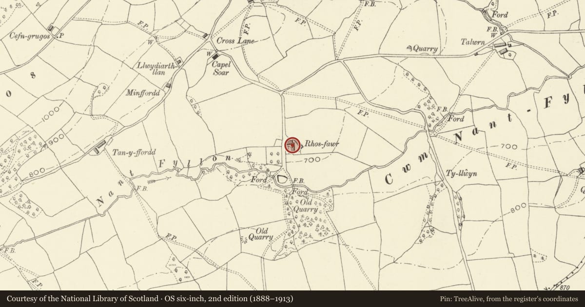Ordnance Survey six-inch map, 2nd edition (1888–1913) covering the location of Cruck Barn at Rhosfawr, Llanfyllin, Powys, with a pin at the register's coordinates