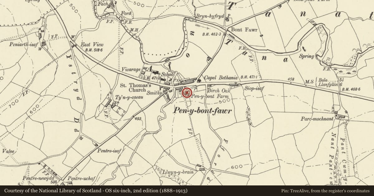 Ordnance Survey six-inch map, 2nd edition (1888–1913) covering the location of Penybont Farm, Pen-y-bont-fawr, Powys, with a pin at the register's coordinates
