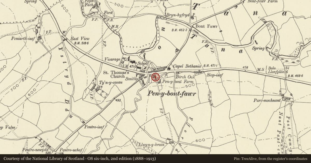 Ordnance Survey six-inch map, 2nd edition (1888–1913) covering the location of Farm Buildings beside Penybont Farm, Pen-y-bont-Fawr, Powys, with a pin at the register's coordinates