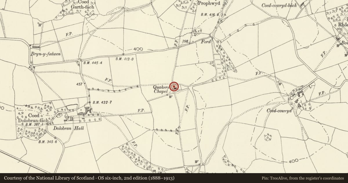 Ordnance Survey six-inch map, 2nd edition (1888–1913) covering the location of Friends' Meeting House, Meifod, Powys, with a pin at the register's coordinates