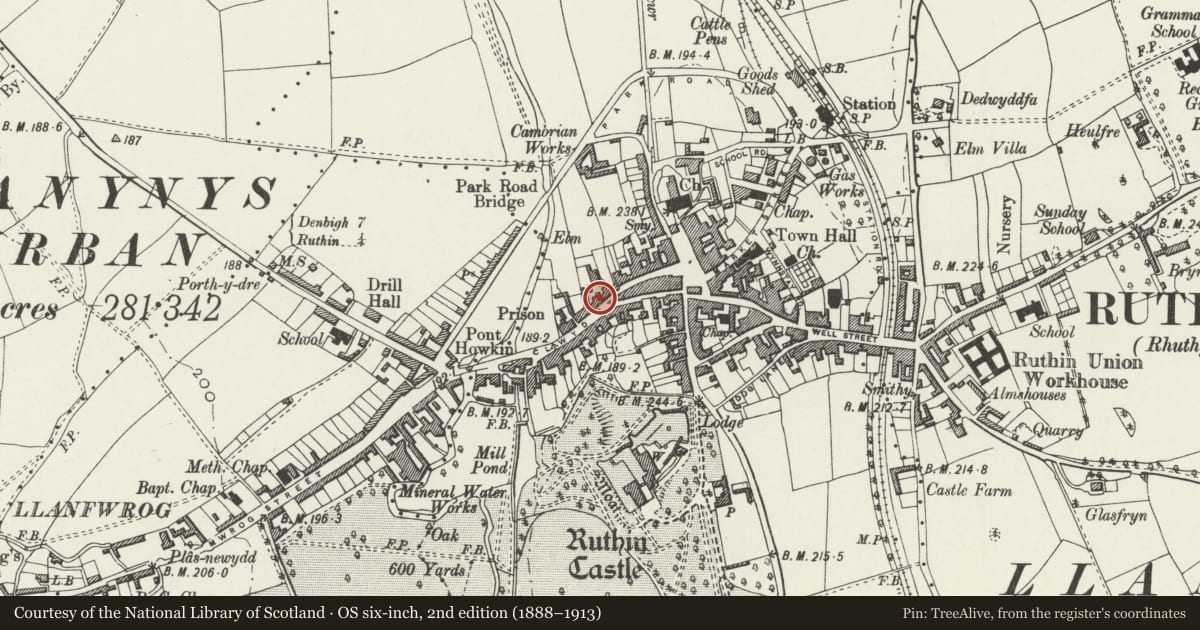 Ordnance Survey six-inch map, 2nd edition (1888–1913) covering the location of 24-26 Clwyd Street, Ruthin, Denbighshire, with a pin at the register's coordinates