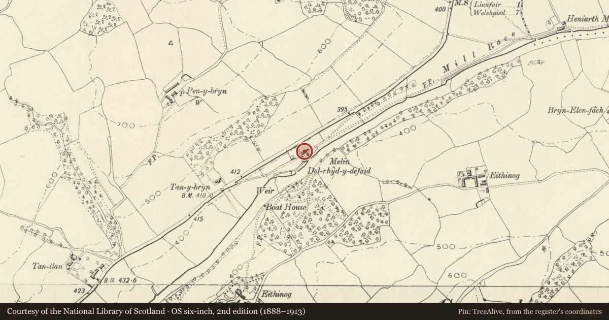 Ordnance Survey six-inch map, 2nd edition (1888–1913) covering the location of Melin Dol-rhyd, Llanfair Caereinion, Powys, with a pin at the register's coordinates