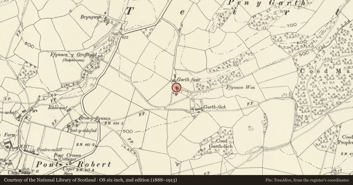 Ordnance Survey six-inch map, 2nd edition (1888–1913) covering the location of Garth-fawr, Llangyniew, Powys, with a pin at the register's coordinates
