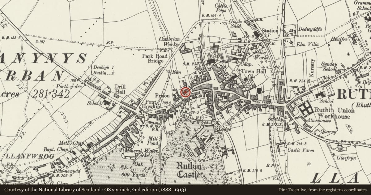 Ordnance Survey six-inch map, 2nd edition (1888–1913) covering the location of Eagle Stores, Ruthin, Denbighshire, with a pin at the register's coordinates