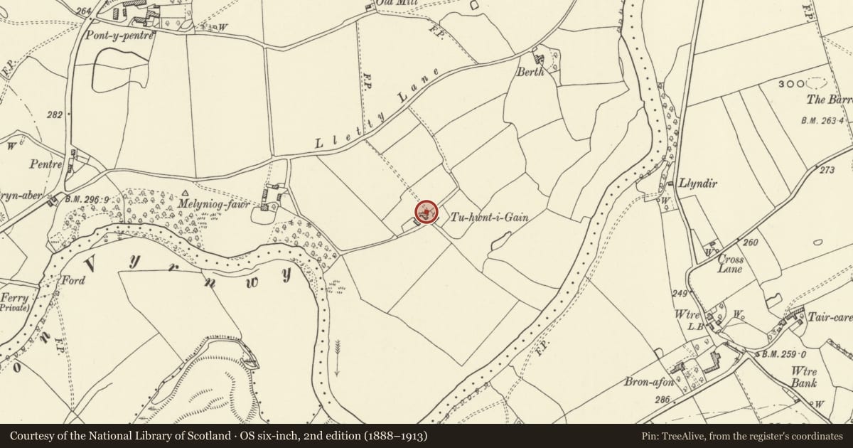 Ordnance Survey six-inch map, 2nd edition (1888–1913) covering the location of Tu-hwnt-i'r-gain, Llansantffraid, Powys, with a pin at the register's coordinates