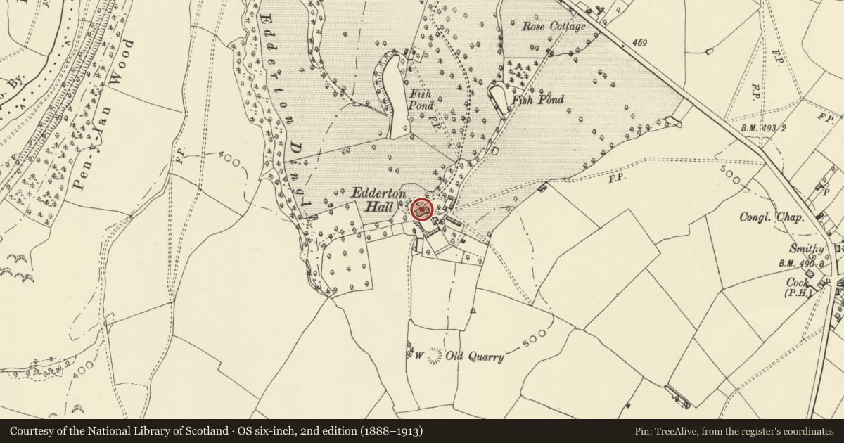 Ordnance Survey six-inch map, 2nd edition (1888–1913) covering the location of Edderton Hall Hotel, Forden with Leighton and Trelystan, Powys, with a pin at the register's coordinates