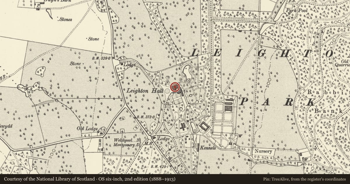 Ordnance Survey six-inch map, 2nd edition (1888–1913) covering the location of Leighton Hall, Forden with Leighton and Trelystan, Powys, with a pin at the register's coordinates
