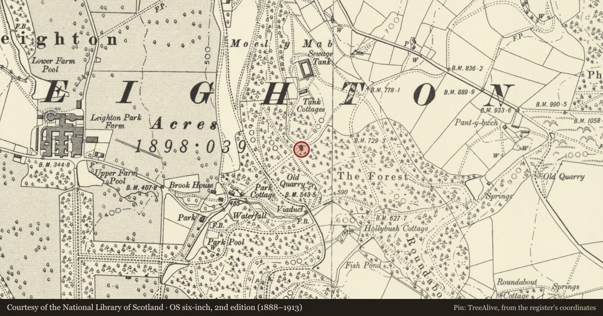 Ordnance Survey six-inch map, 2nd edition (1888–1913) covering the location of Upper Cable House, Forden with Leighton and Trelystan, Powys, with a pin at the register's coordinates