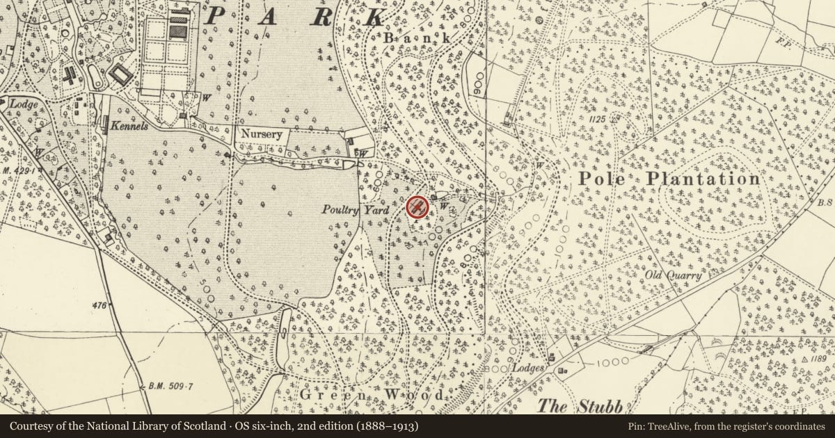 Ordnance Survey six-inch map, 2nd edition (1888–1913) covering the location of Poultry House, Forden with Leighton and Trelystan, Powys, with a pin at the register's coordinates
