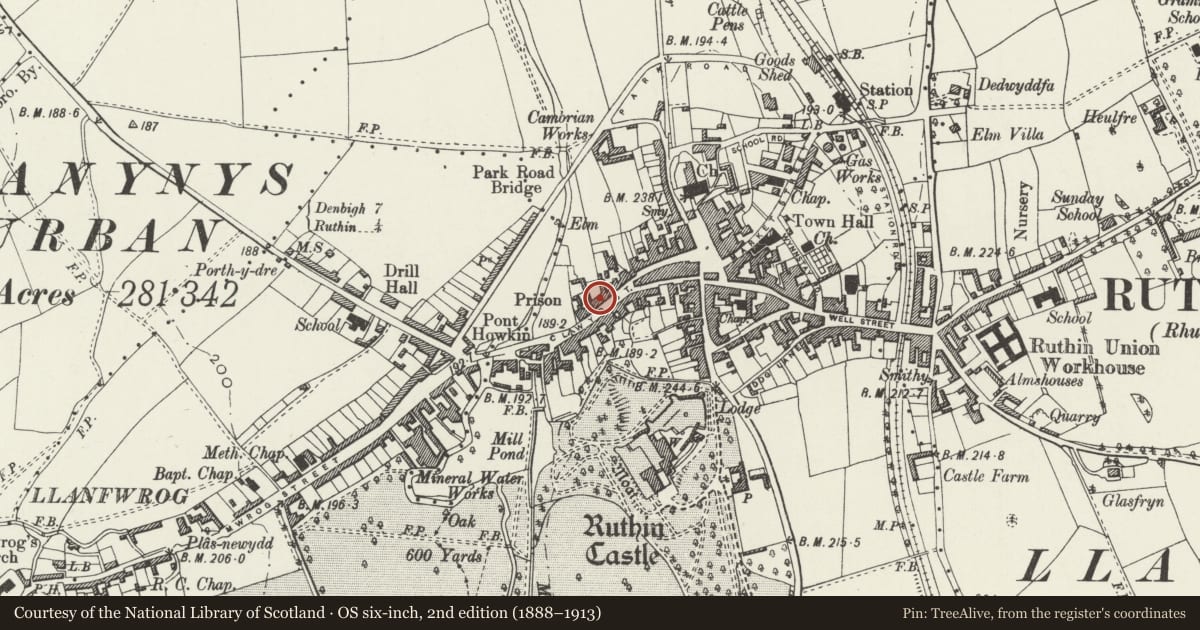 Ordnance Survey six-inch map, 2nd edition (1888–1913) covering the location of Hendy, Ruthin, Denbighshire, with a pin at the register's coordinates