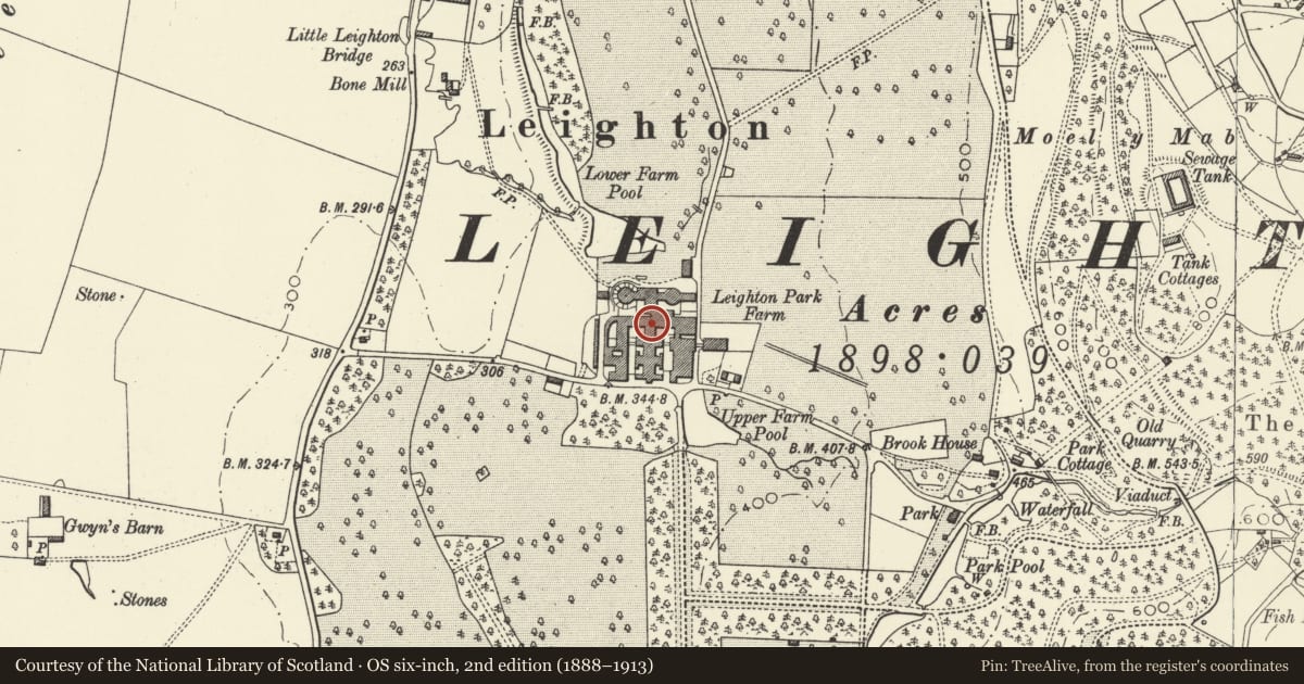 Ordnance Survey six-inch map, 2nd edition (1888–1913) covering the location of Piggery and Sheep Shed, Leighton Farm, Forden with Leighton and Trelystan, Powys, with a pin at the register's coordinates