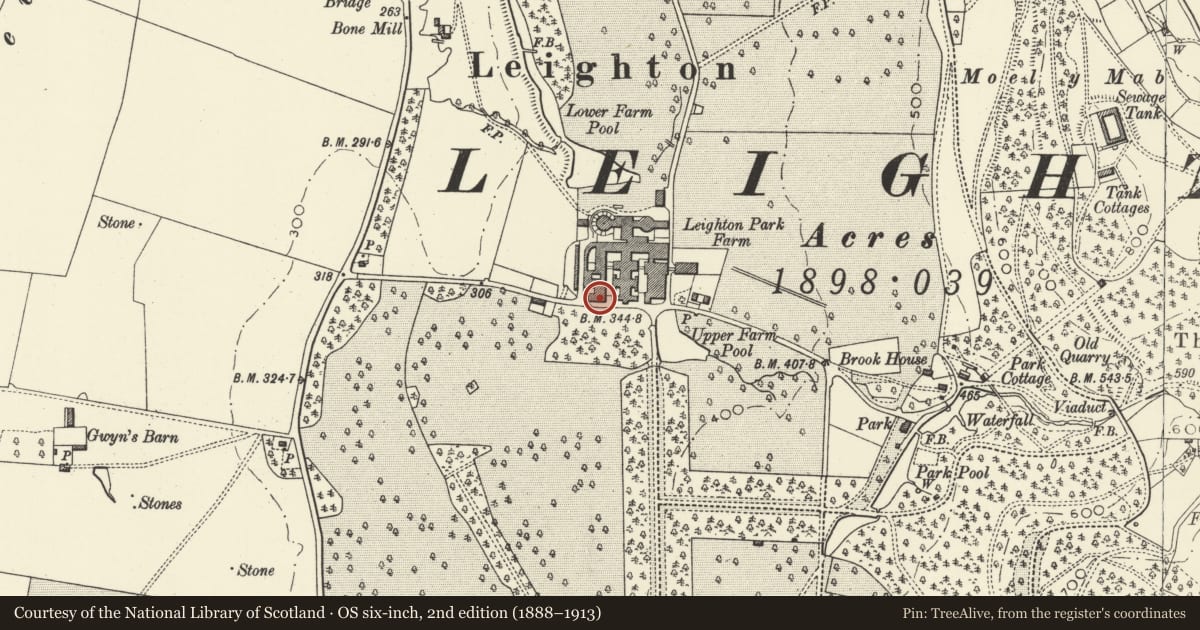 Ordnance Survey six-inch map, 2nd edition (1888–1913) covering the location of Poolton and Gortheur, Forden with Leighton and Trelystan, Powys, with a pin at the register's coordinates
