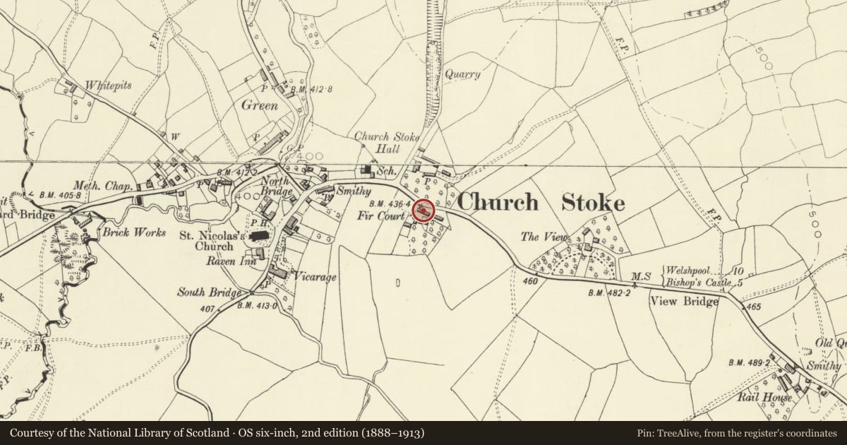 Ordnance Survey six-inch map, 2nd edition (1888–1913) covering the location of Fir Court Stables, Churchstoke, Powys, with a pin at the register's coordinates