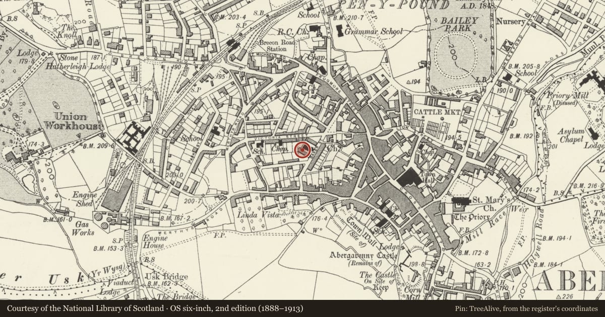 Ordnance Survey six-inch map, 2nd edition (1888–1913) covering the location of Trinity Almshouses, Abergavenny, Monmouthshire, with a pin at the register's coordinates