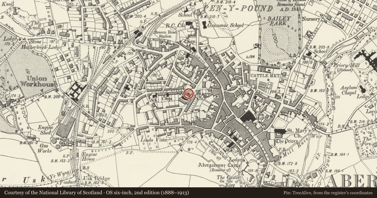 Ordnance Survey six-inch map, 2nd edition (1888–1913) covering the location of Trinity Almshouses, Abergavenny, Monmouthshire, with a pin at the register's coordinates