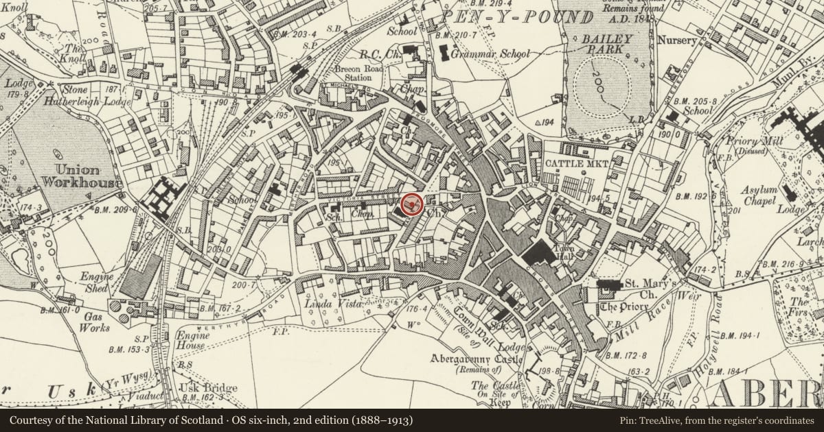 Ordnance Survey six-inch map, 2nd edition (1888–1913) covering the location of Trinity Almshouses, Abergavenny, Monmouthshire, with a pin at the register's coordinates