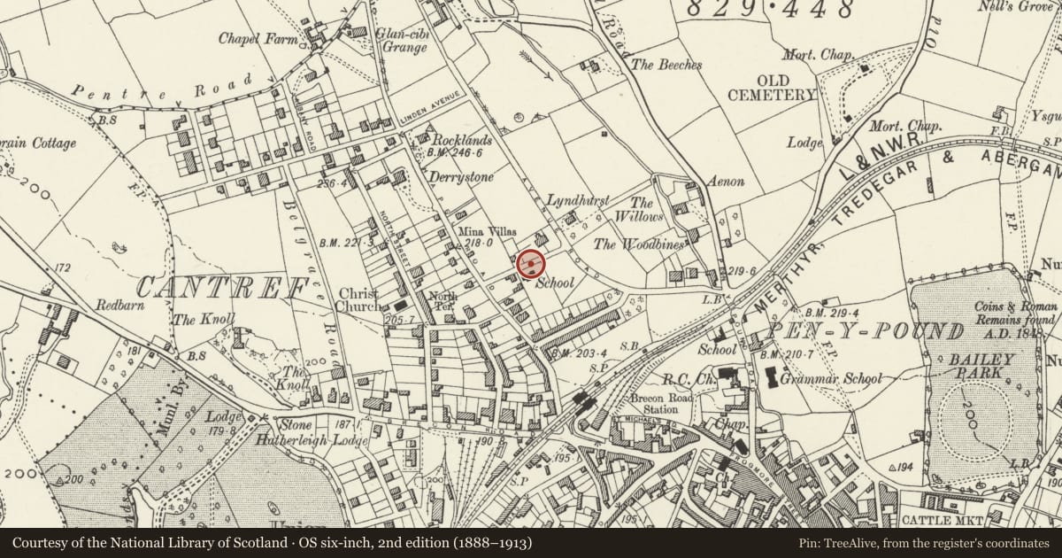 Ordnance Survey six-inch map, 2nd edition (1888–1913) covering the location of Wall, Gates and Railings of Harold Road Junior School, Abergavenny, Monmouthshire, with a pin at the register's coordinates