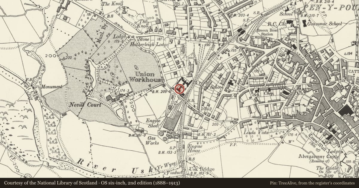 Ordnance Survey six-inch map, 2nd edition (1888–1913) covering the location of The Old Workhouse Studio, Abergavenny, Monmouthshire, with a pin at the register's coordinates