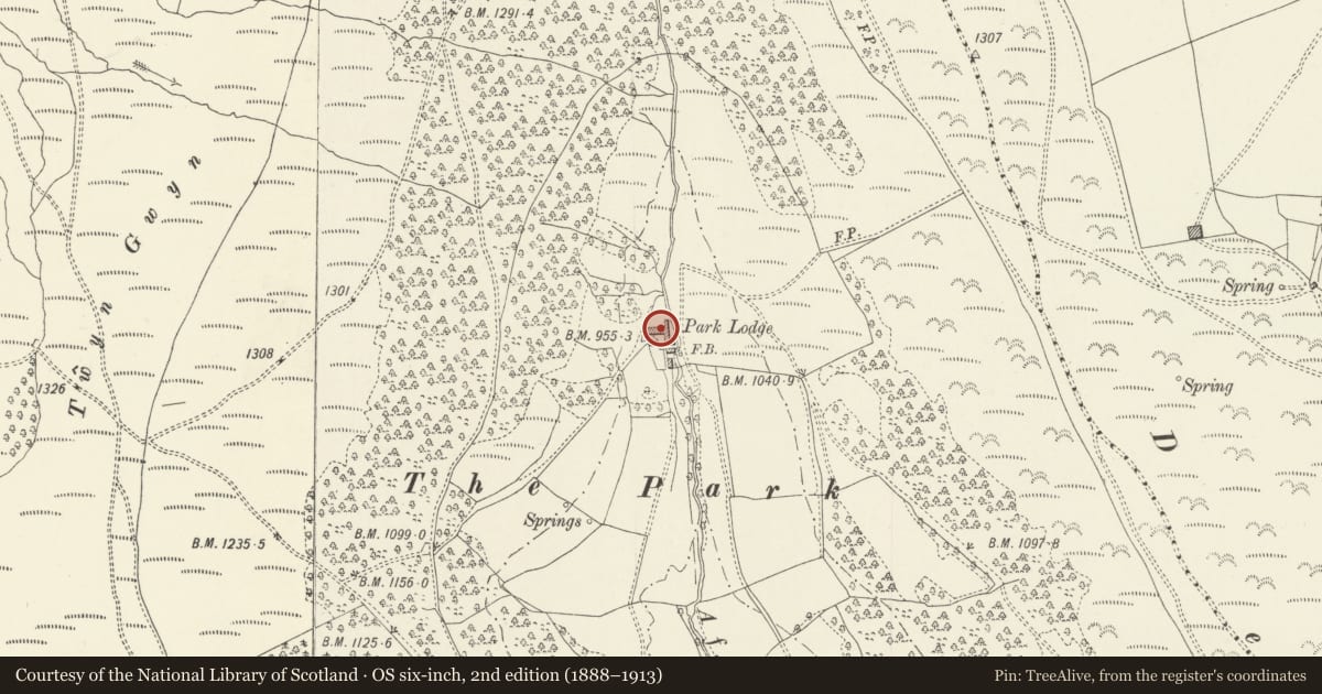 Ordnance Survey six-inch map, 2nd edition (1888–1913) covering the location of Park Lodge Farmhouse, Abergavenny, Monmouthshire, with a pin at the register's coordinates