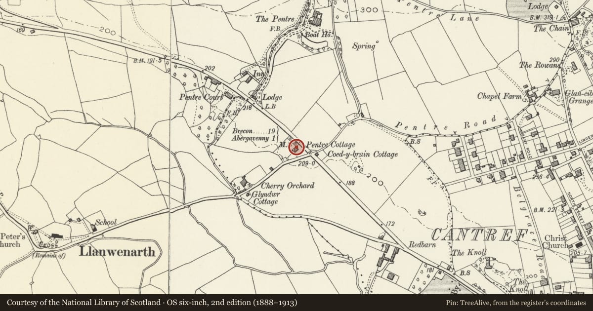Ordnance Survey six-inch map, 2nd edition (1888–1913) covering the location of Pentre House, Abergavenny, Monmouthshire, with a pin at the register's coordinates