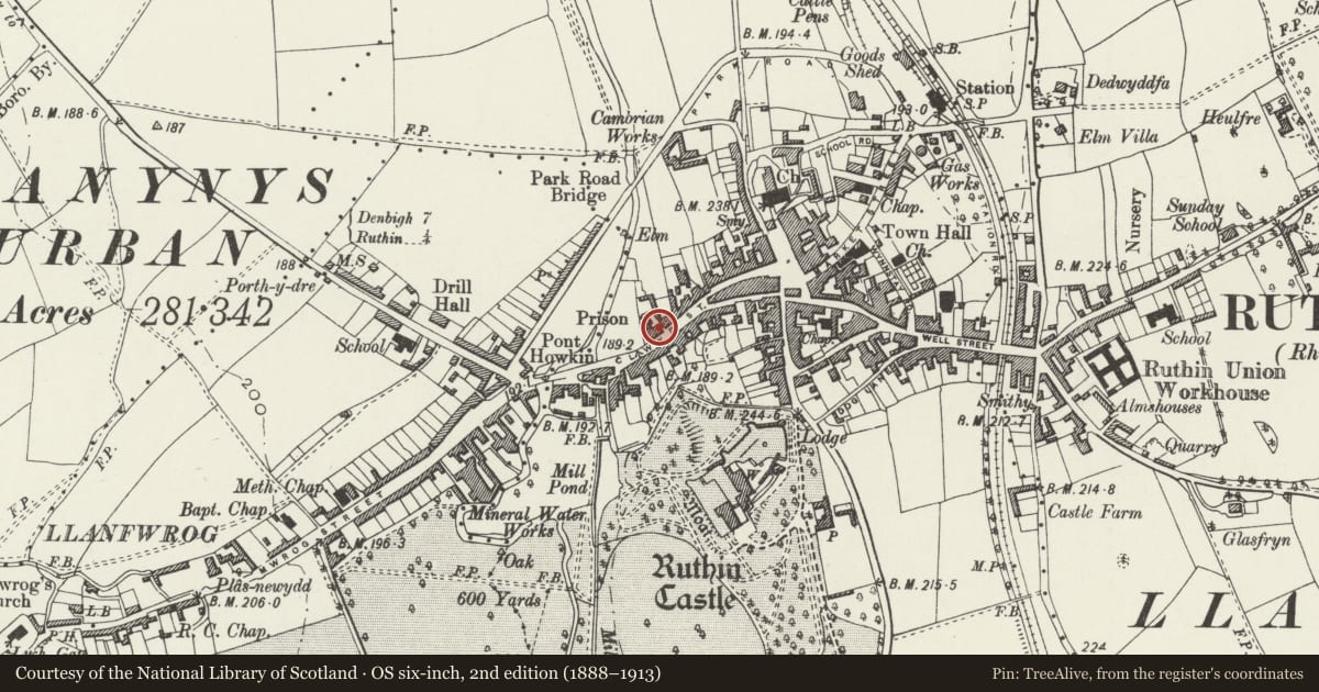 Ordnance Survey six-inch map, 2nd edition (1888–1913) covering the location of 36 Clwyd Street, Ruthin, Denbighshire, with a pin at the register's coordinates