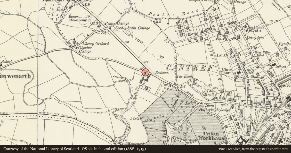 Ordnance Survey six-inch map, 2nd edition (1888–1913) covering the location of Redbarn Farmhouse, Abergavenny, Monmouthshire, with a pin at the register's coordinates