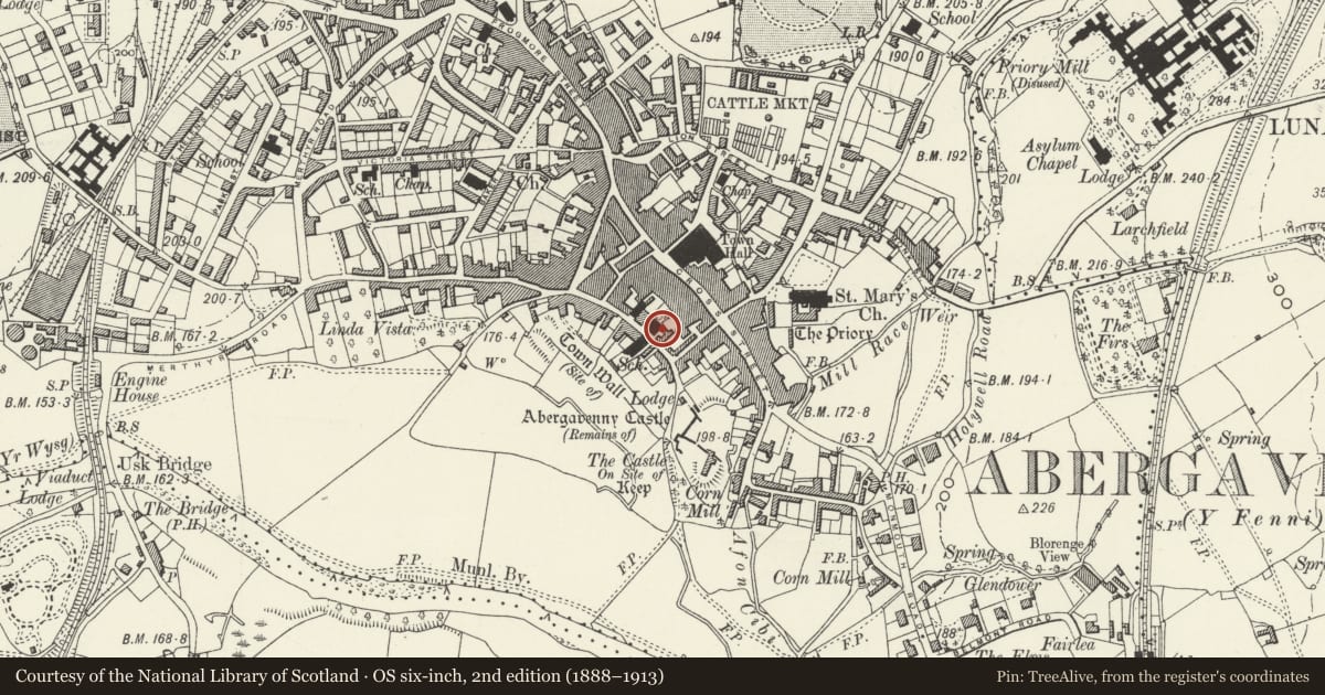 Ordnance Survey six-inch map, 2nd edition (1888–1913) covering the location of The School Room (formerly of Abergavenny Congregational Church), Monmouthshire, with a pin at the register's coordinates