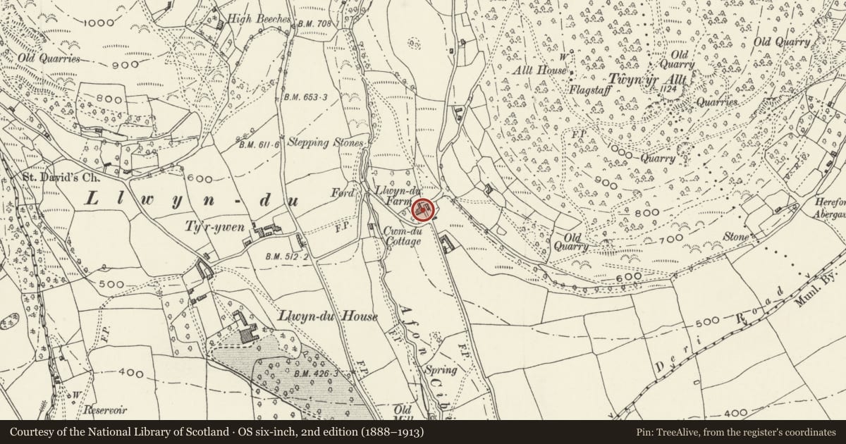 Ordnance Survey six-inch map, 2nd edition (1888–1913) covering the location of Sunny Vale Farmhouse, Abergavenny, Monmouthshire, with a pin at the register's coordinates