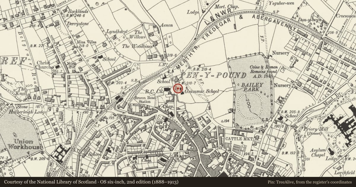 Ordnance Survey six-inch map, 2nd edition (1888–1913) covering the location of Gate and Railings of The Drama Centre, Abergavenny, Monmouthshire, with a pin at the register's coordinates