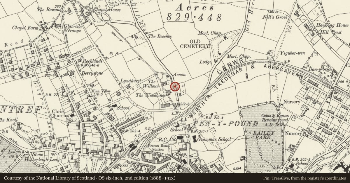 Ordnance Survey six-inch map, 2nd edition (1888–1913) covering the location of Gatepiers, Gates and Fence of The Willows, Abergavenny, Monmouthshire, with a pin at the register's coordinates
