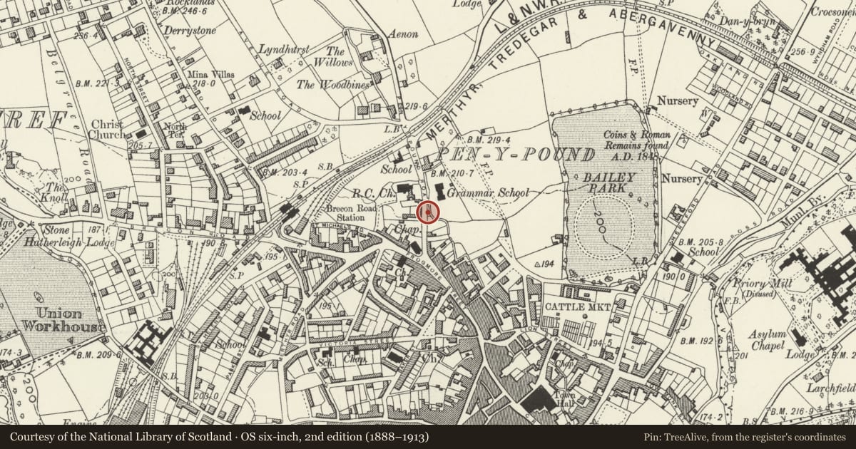 Ordnance Survey six-inch map, 2nd edition (1888–1913) covering the location of Gates and Railings of No. 4, Abergavenny, Monmouthshire, with a pin at the register's coordinates