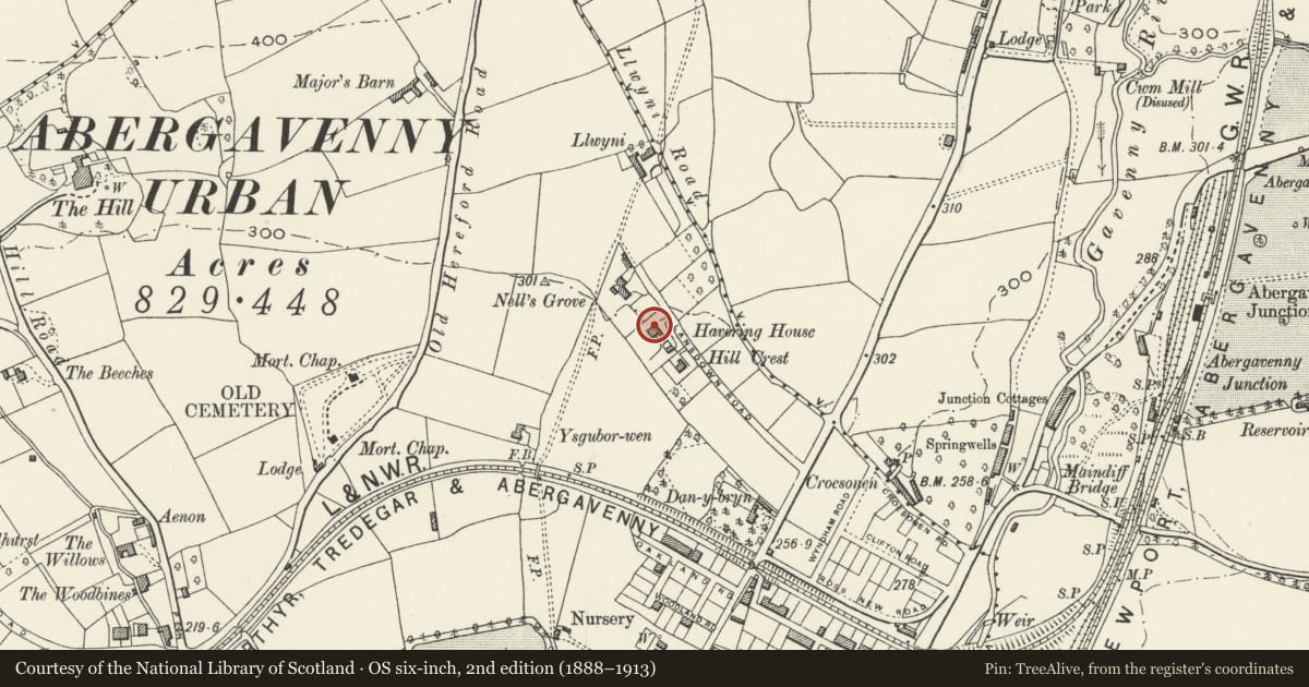 Ordnance Survey six-inch map, 2nd edition (1888–1913) covering the location of Saxonbury Nursing Home (formerly Haverang House), Abergavenny, Monmouthshire, with a pin at the register's coordinates
