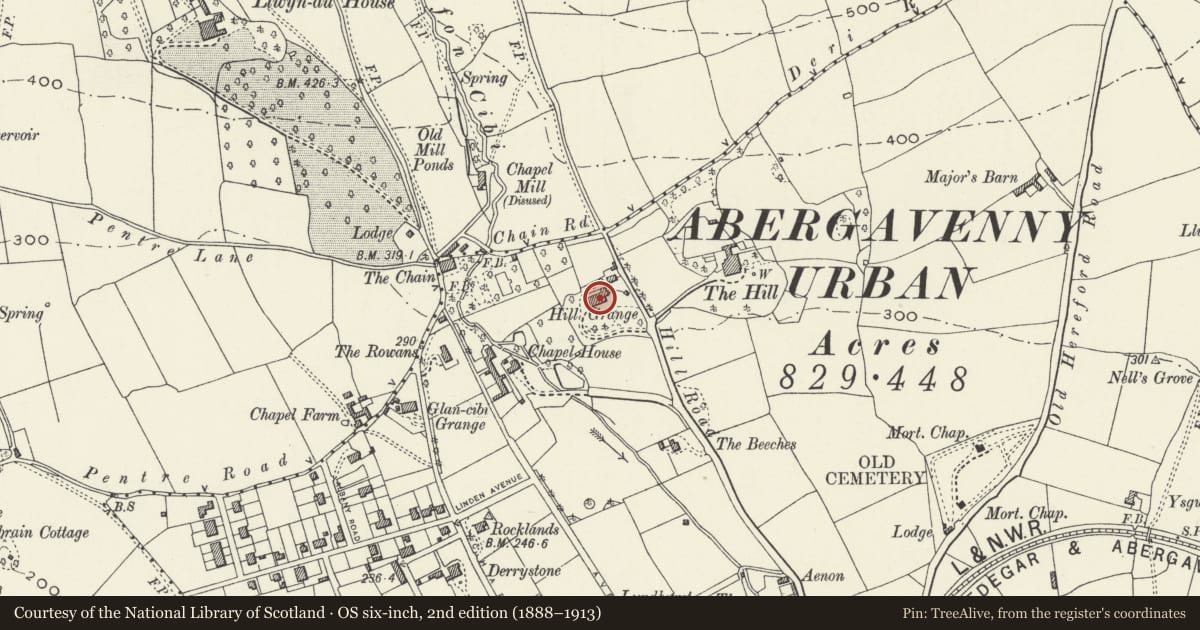Ordnance Survey six-inch map, 2nd edition (1888–1913) covering the location of Hill Court, Abergavenny, Monmouthshire, with a pin at the register's coordinates
