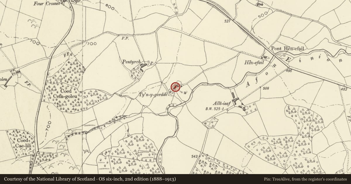 Ordnance Survey six-inch map, 2nd edition (1888–1913) covering the location of Tyn-y-gerddi, Llanfair Caereinion, Powys, with a pin at the register's coordinates