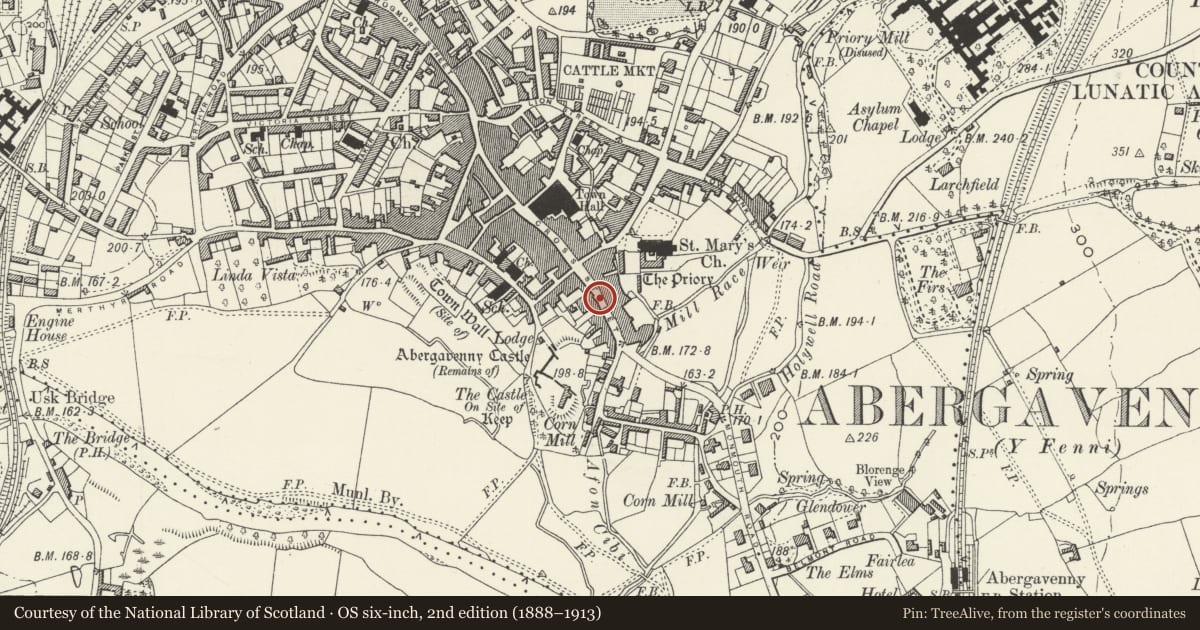 Ordnance Survey six-inch map, 2nd edition (1888–1913) covering the location of 22 Cross Street, Abergavenny, Monmouthshire, with a pin at the register's coordinates
