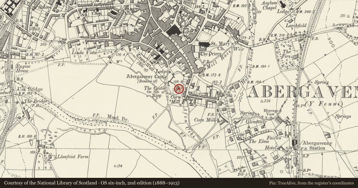 Ordnance Survey six-inch map, 2nd edition (1888–1913) covering the location of Abergavenny Museum, Monmouthshire, with a pin at the register's coordinates