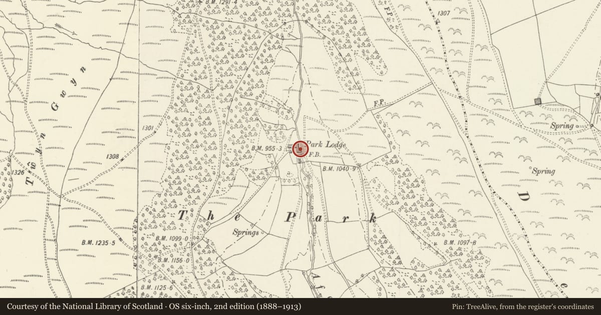 Ordnance Survey six-inch map, 2nd edition (1888–1913) covering the location of Barn and Cowshed at Park Lodge Farm, Abergavenny, Monmouthshire, with a pin at the register's coordinates