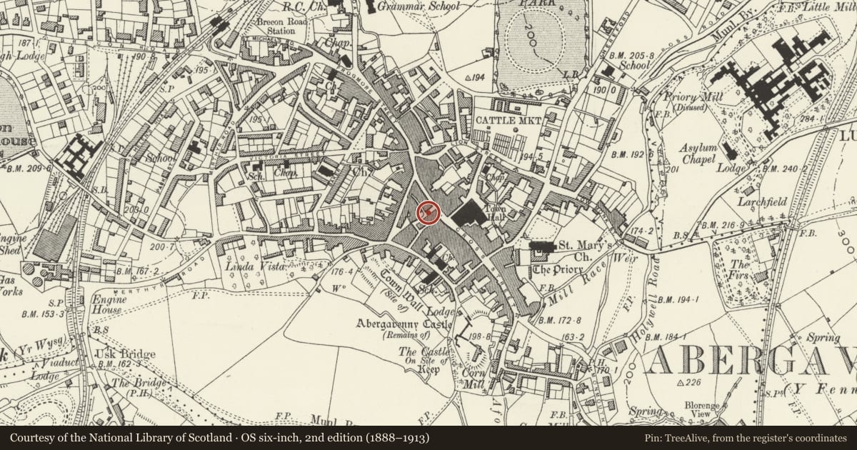 Ordnance Survey six-inch map, 2nd edition (1888–1913) covering the location of Boundary Wall and Entrance Gateway of St John's Masonic Lodge, Abergavenny, Monmouthshire, with a pin at the register's coordinates