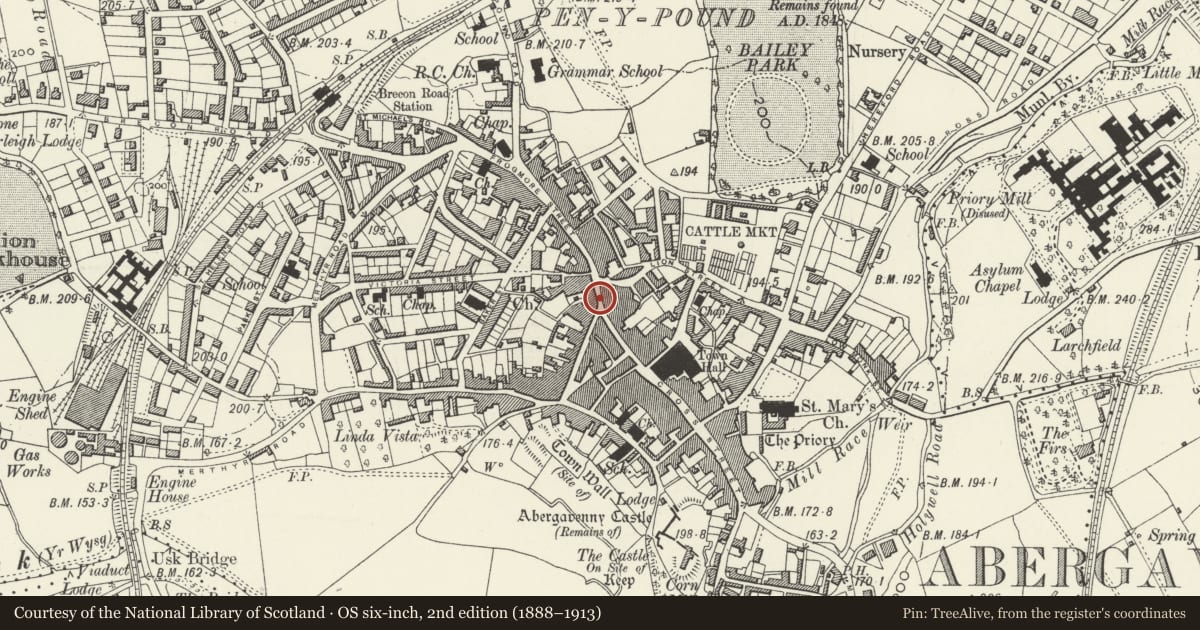 Ordnance Survey six-inch map, 2nd edition (1888–1913) covering the location of 69 Frogmore Street, Abergavenny, Monmouthshire, with a pin at the register's coordinates