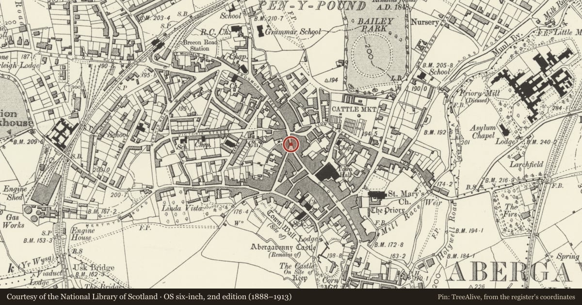 Ordnance Survey six-inch map, 2nd edition (1888–1913) covering the location of 70 Frogmore Street, Abergavenny, Monmouthshire, with a pin at the register's coordinates