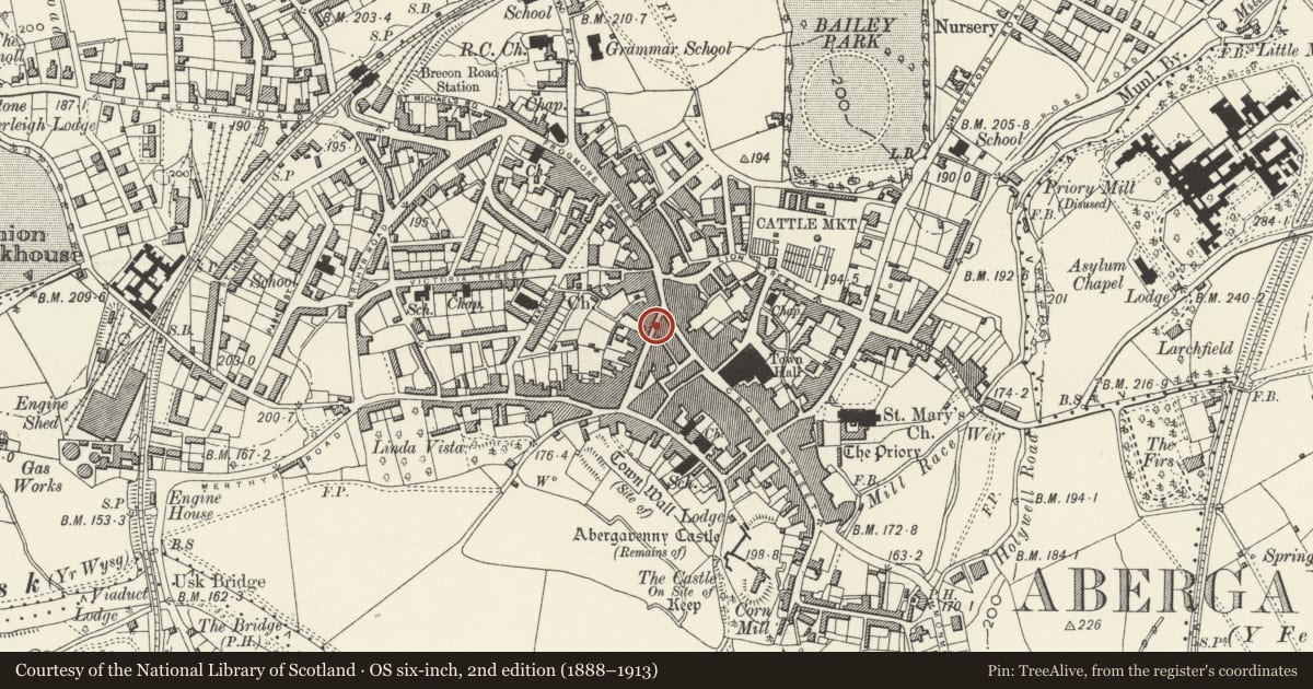 Ordnance Survey six-inch map, 2nd edition (1888–1913) covering the location of 7B Nevill Street, Abergavenny, Monmouthshire, with a pin at the register's coordinates
