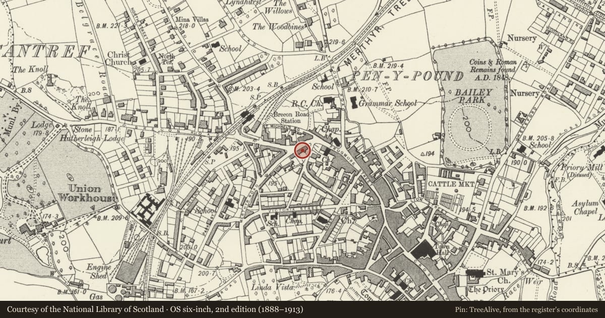 Ordnance Survey six-inch map, 2nd edition (1888–1913) covering the location of House, including attached railings, Abergavenny, Monmouthshire, with a pin at the register's coordinates