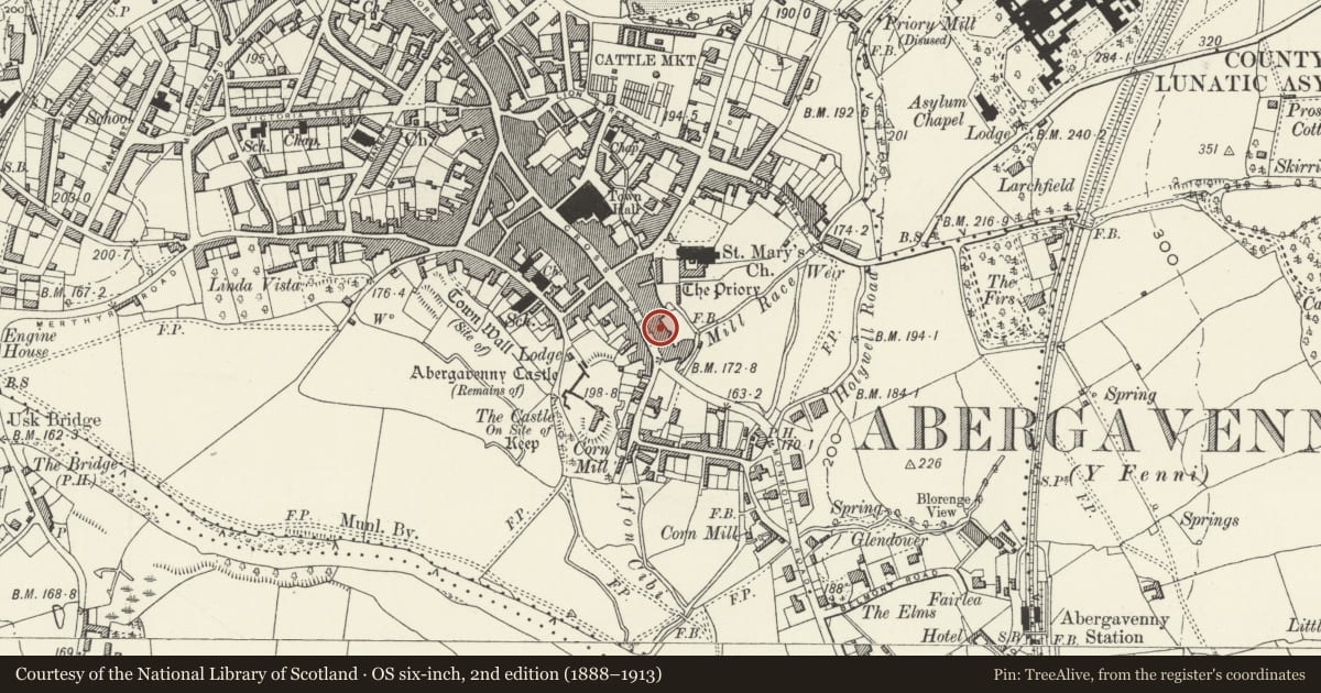 Ordnance Survey six-inch map, 2nd edition (1888–1913) covering the location of 40 Cross Street, Abergavenny, Monmouthshire, with a pin at the register's coordinates