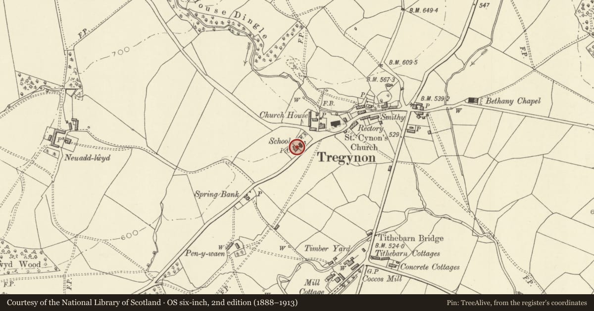 Ordnance Survey six-inch map, 2nd edition (1888–1913) covering the location of The School House, Tregynon, Powys, with a pin at the register's coordinates