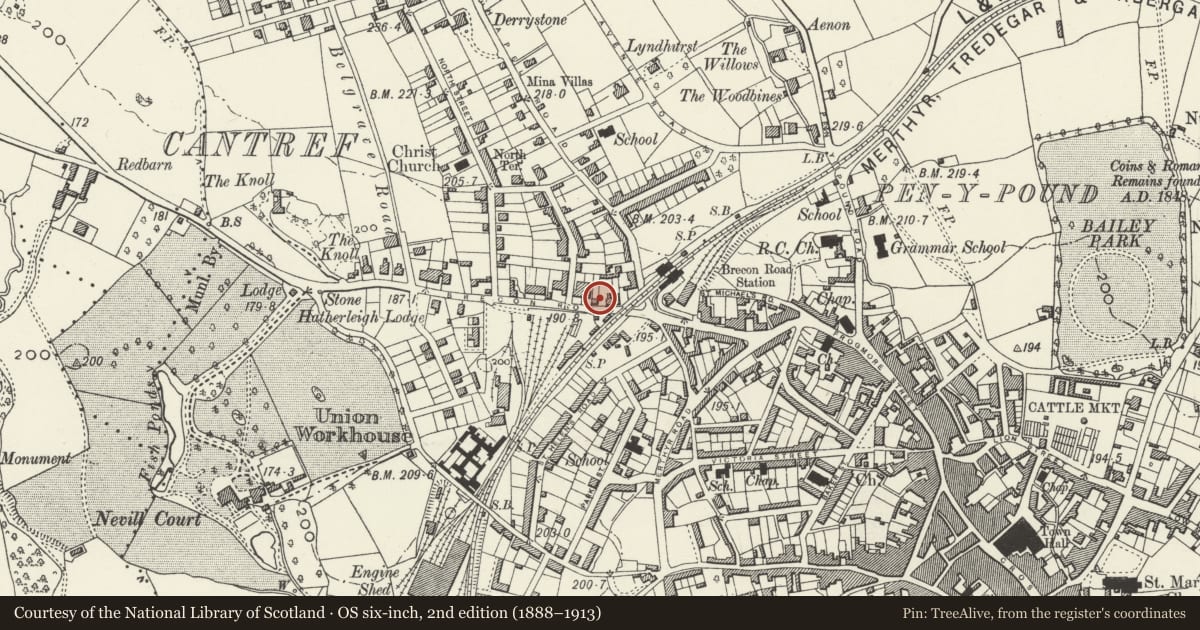 Ordnance Survey six-inch map, 2nd edition (1888–1913) covering the location of 51 Brecon Road, Abergavenny, Monmouthshire, with a pin at the register's coordinates