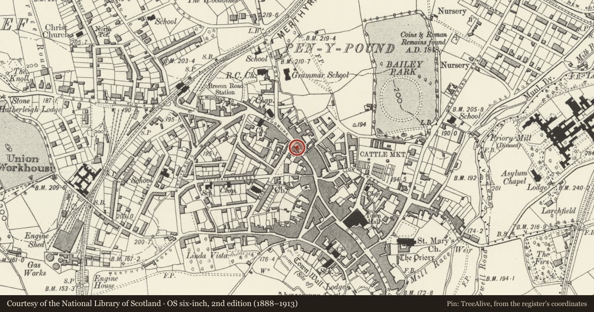 Ordnance Survey six-inch map, 2nd edition (1888–1913) covering the location of The Britannia Public House, Abergavenny, Monmouthshire, with a pin at the register's coordinates