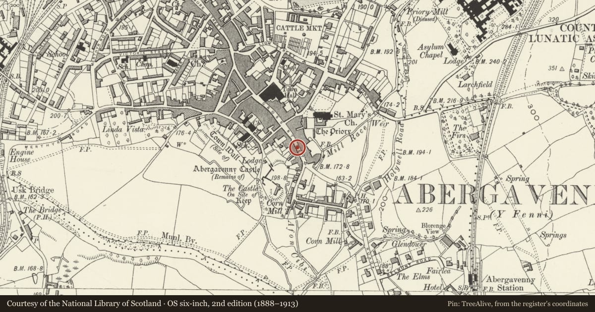 Ordnance Survey six-inch map, 2nd edition (1888–1913) covering the location of 23 Cross Street, Abergavenny, Monmouthshire, with a pin at the register's coordinates