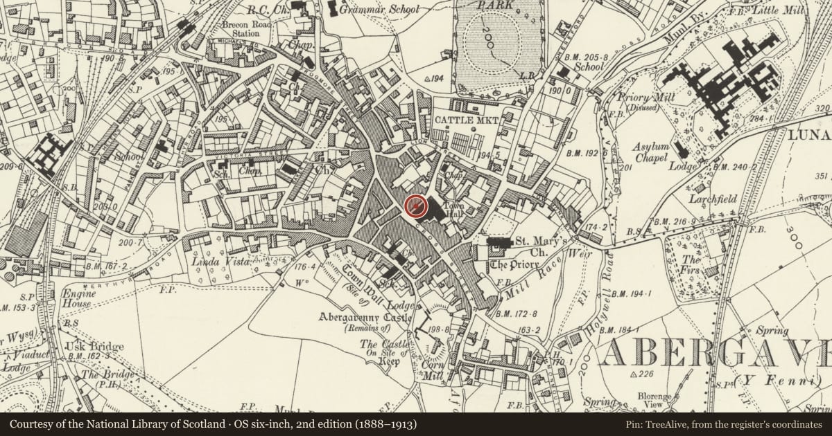 Ordnance Survey six-inch map, 2nd edition (1888–1913) covering the location of 21 Market Street, Abergavenny, Monmouthshire, with a pin at the register's coordinates