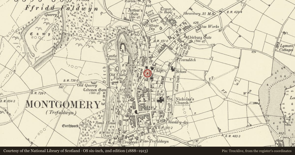 Ordnance Survey six-inch map, 2nd edition (1888–1913) covering the location of Telephone call-box opposite Chapel Place, Montgomery, Powys, with a pin at the register's coordinates