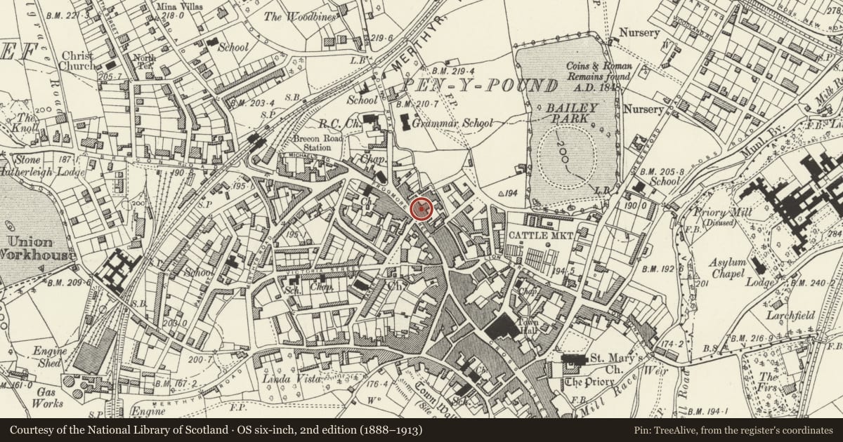 Ordnance Survey six-inch map, 2nd edition (1888–1913) covering the location of 22 Frogmore Street, Abergavenny, Monmouthshire, with a pin at the register's coordinates